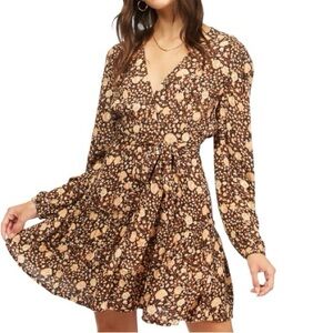 BILLABONG Floral Long-Sleeve V-Neck Wrap Mini Dress Brown Floral Size XS
